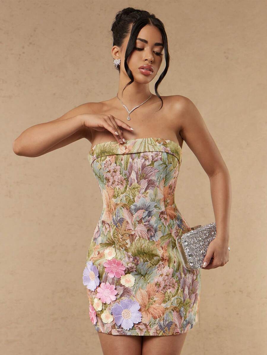 Front view of colorful floral jacquard strapless mini dress with 3D flower appliques