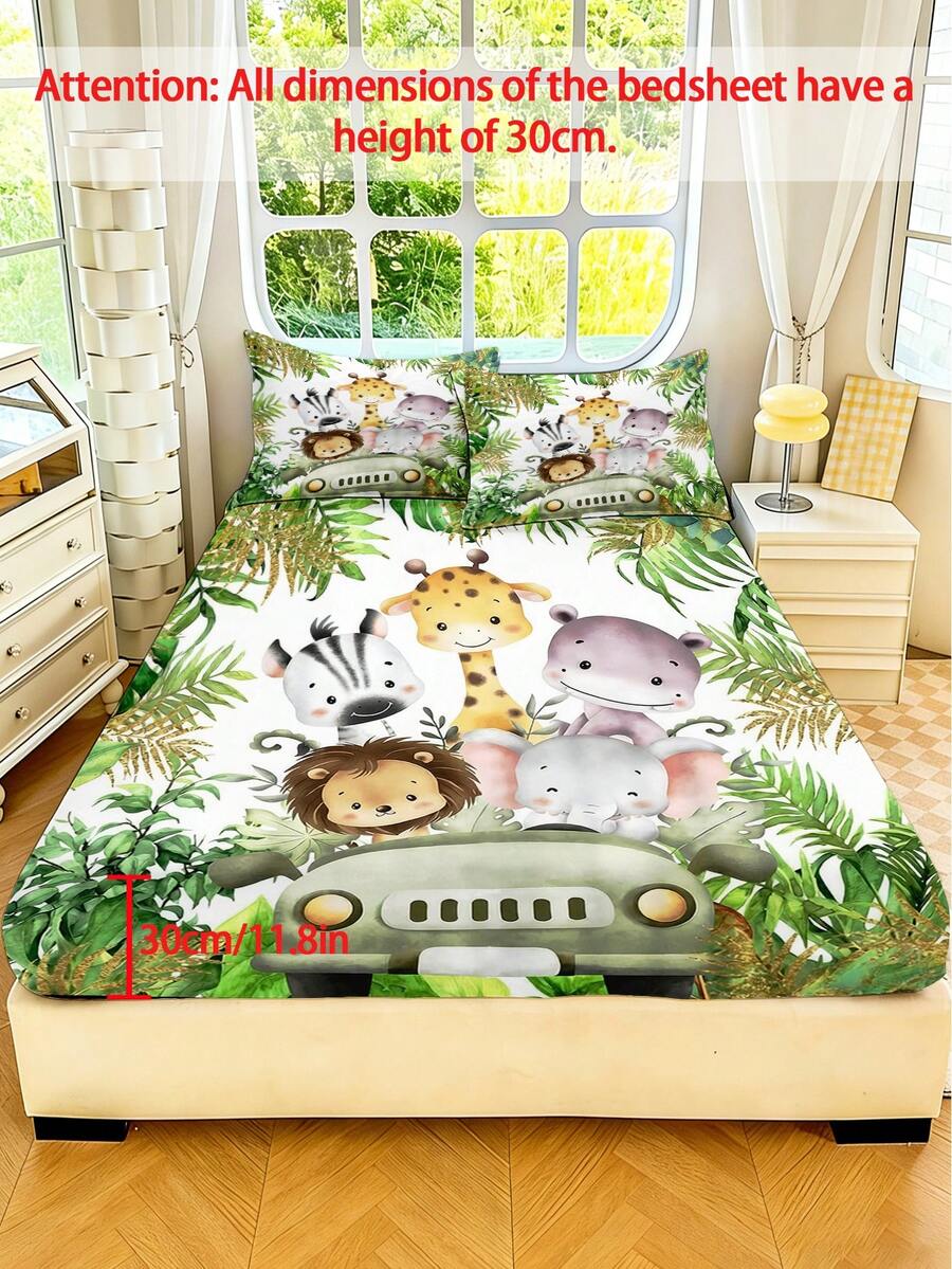 Transform bedtime into a wild adventure with this vibrant jungle animal themed sheet set designed for kids. Featuring bold, colorful animal prints that spark imagination, these sheets bring the excitement of the savanna right into the bedroom. Crafted from 100% polyester with a 200TC fabric density, this set offers breathable comfort perfect for all seasons. The anti-slip design keeps sheets securely in place throughout the night, preventing bunching and ensuring uninterrupted sleep. 