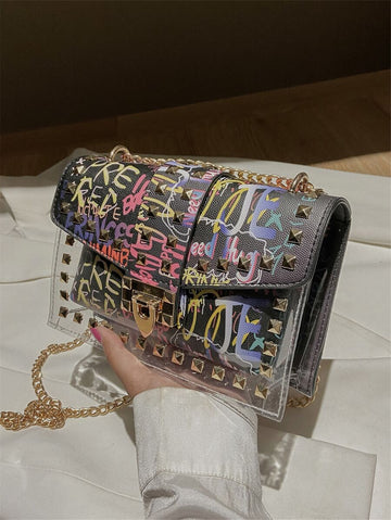 Add a splash of fun to your outfit with this Colorful Letter Graphic Studded Flap Square Bag. Featuring bright, eye-catching letters and edgy studs, it’s a playful mix of bold style and practical design. Perfectly sized to hold your essentials, this trendy purse makes a vibrant statement wherever you go!