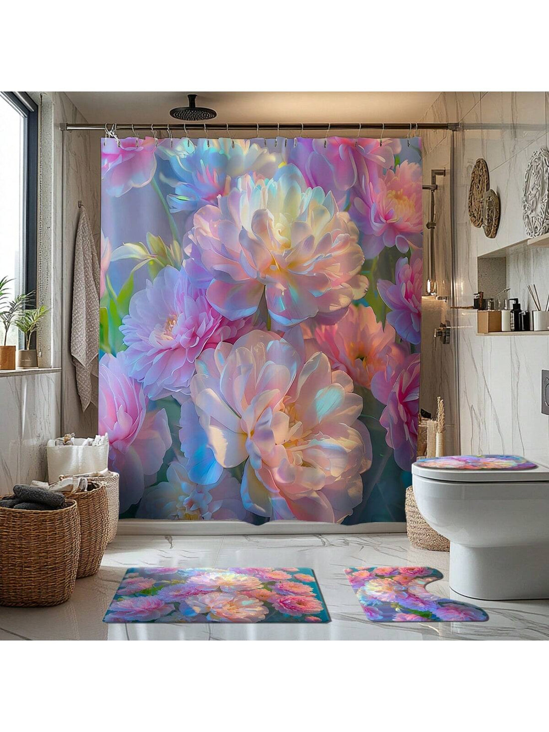 Bring a burst of cheerful color to your bathroom with this playful Peony Flower Print Set. Featuring a vibrant shower curtain, cozy bath mat, and matching toilet lid cover, it’s the perfect trio to brighten your space and add a touch of floral fun. Easy to mix and match with your existing decor, this set turns everyday routines into a joyful experience.