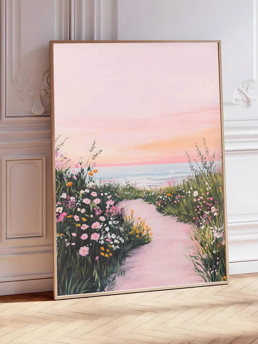 Bring coastal charm and spring freshness into any space with this vibrant art print. Featuring soft pink tones blended with serene seascape elements and delicate wildflower details, this piece captures the peaceful beauty of seaside landscapes in bloom. Perfect for living rooms, home offices, bedrooms, or any room needing a touch of natural elegance. The warm color palette creates a calming atmosphere while the detailed composition adds visual interest and depth to your walls. 