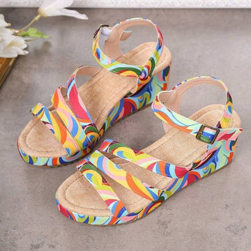Colorful Roman platform wedge sandals with open toe multi straps and psychedelic print