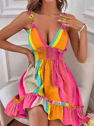 Dress to impress in our Colorful Striped A-Line Dress with Ruffle Hem. With its vibrant stripes and flattering A-line fit, this dress is perfect for any summer date. The ruffle hem adds a fun and feminine touch, making you stand out in style. Expertly designed with summer in mind, this dress will keep you cool and chic.