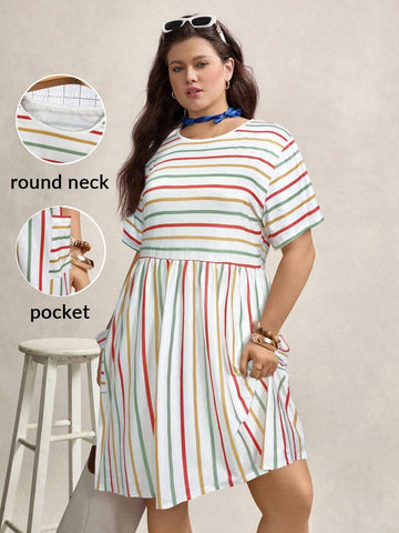 Step into summer with this playful plus size casual dress featuring vibrant stripes and handy pockets. Designed to keep you comfortable and stylish, it's perfect for sunny days, casual outings, and lively graduation celebrations. The colorful pattern adds a cheerful touch, while the pockets offer practical convenience for your essentials. Celebrate every moment in effortless, joyful style!