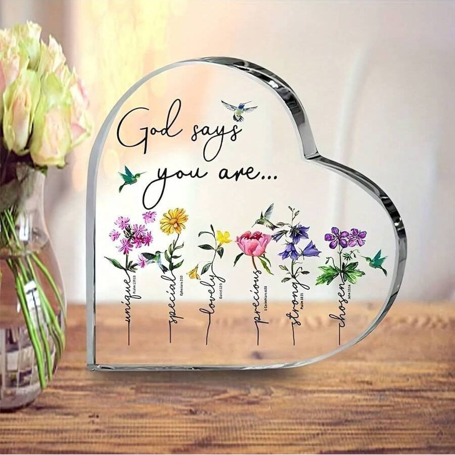 Elevate your spiritual space with this stunning acrylic heart-shaped prayer sign. Crafted from premium PMMA material in transparent finish, it features beautifully engraved inspirational Bible verses that catch the light from every angle. Perfect as a tabletop centerpiece or wall accent, this contemporary Christian decor piece brings warmth and faith into any room. The elegant floral design complements modern and traditional interiors alike. 