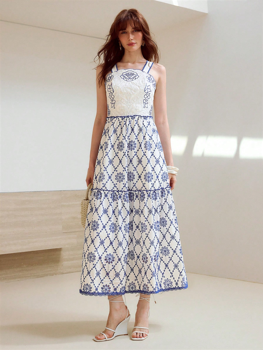 Step out in style with this playful Contrast Embroidery Scallop Edge Flare Hem Dress. Its delicate scalloped edges and charming embroidery add a whimsical touch, while the flare hem creates a fun, flattering silhouette. Perfect for effortless days when you want to feel both comfortable and chic.