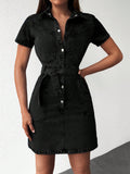 Step up your denim game with the Cottnline Slant Pocket Button Through Belted Shirt Denim Dress. This versatile dress features a flattering belted waist and convenient slant pockets, making it perfect for any occasion. Dress it up or down for a fun and stylish look!