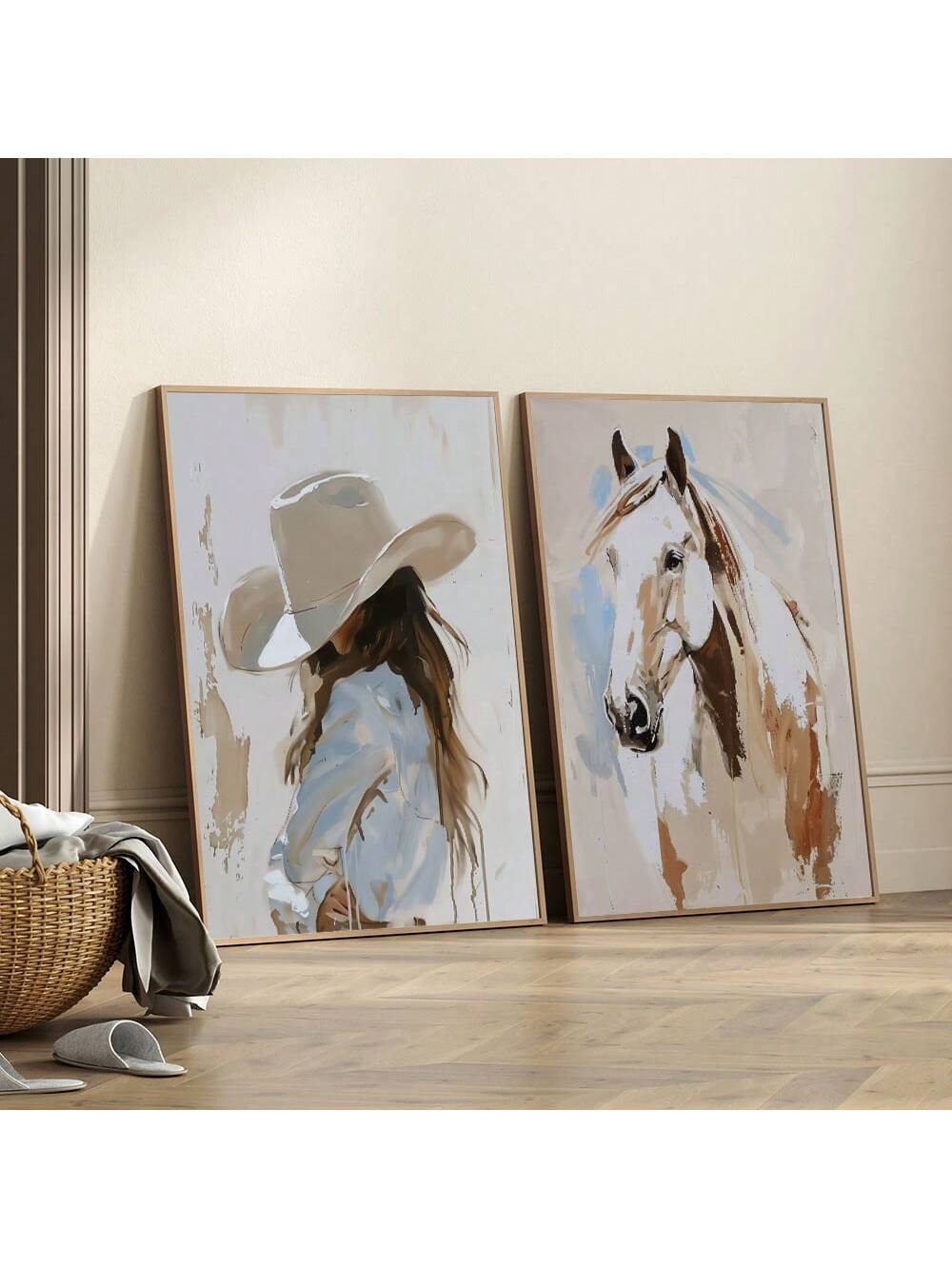 Saddle up your space with this retro aesthetic wall art set featuring a playful cowboy girl and her trusty horse. Perfect for trendy spaces, this painting set adds a touch of whimsy and charm (without the hassle of frames). Giddy up and add some character to your walls!