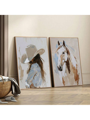 Saddle up your space with this retro aesthetic wall art set featuring a playful cowboy girl and her trusty horse. Perfect for trendy spaces, this painting set adds a touch of whimsy and charm (without the hassle of frames). Giddy up and add some character to your walls!