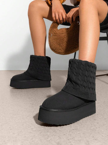 Step into cozy comfort with these black mid-calf snow boots featuring a snug cable knit cuff that feels like a warm hug for your legs. Perfect for both indoor lounging and outdoor winter adventures, they keep your feet toasty without sacrificing style. Slip them on and let chilly days turn into your favorite season!