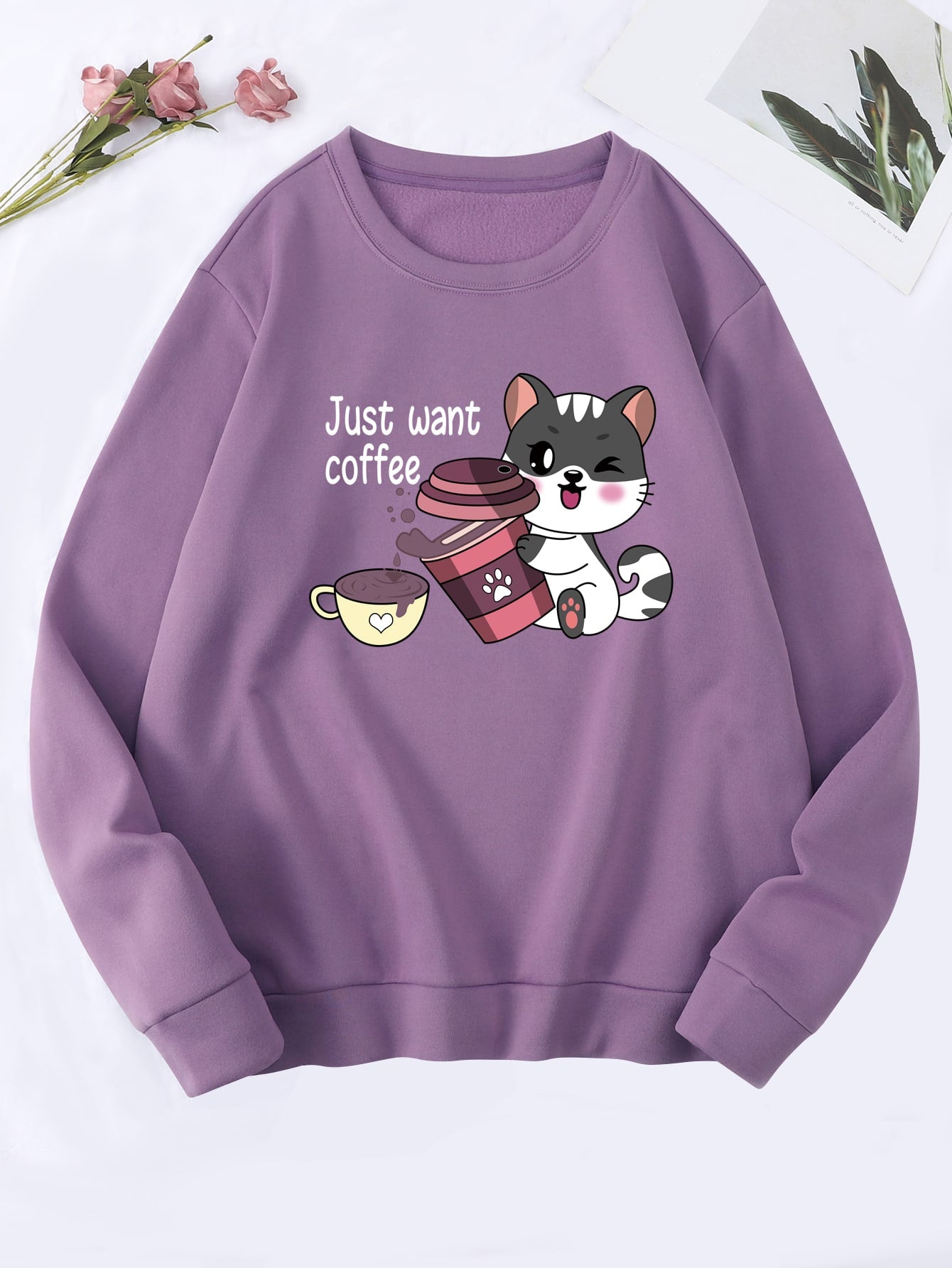 Stay warm and have a sense of humor with our Cozy Cartoon Slogan Pullover. Featuring a playful 'Just Want Coffee' graphic, this sweatshirt is perfect for your caffeine-loving personality. Made from cozy materials, it's perfect for lounging or running errands. Get yours now!