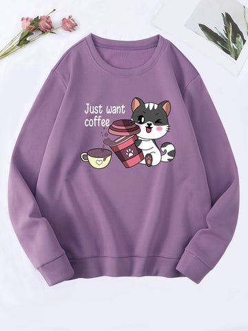 Stay warm and have a sense of humor with our Cozy Cartoon Slogan Pullover. Featuring a playful 'Just Want Coffee' graphic, this sweatshirt is perfect for your caffeine-loving personality. Made from cozy materials, it's perfect for lounging or running errands. Get yours now!