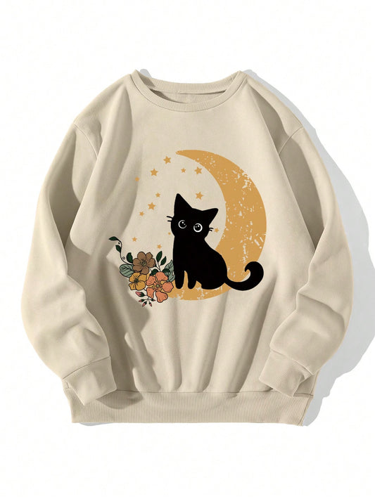 Stay warm and stylish on chill days with our Cozy Cat & Moon Thermal-Lined Sweatshirt. The thermal lining keeps you cozy while the cat and moon design adds a touch of whimsy. Perfect for lounging or running errands, this sweatshirt is a must-have for any cat lover.