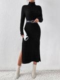 Upgrade your winter wardrobe with our Cozy Chic Turtleneck Split Thigh Dress! Made from soft fabric, this dress will keep you warm and stylish. Featuring a turtleneck and split thigh design with sleeves, it offers effortless elegance for any occasion. Get ready to turn heads with this must-have dress.