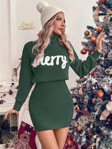 Front view of dark green rib-knit Christmas turtleneck mini dress with long sleeves and raised white Merry chest lettering in festive holiday setting