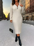 Stay warm and stylish this autumn and winter with our Cozy Elegance: Plus Size Solid Color Knitted Midi Dress. Made with high-quality knitted fabric, this dress is designed for comfort and elegance. Perfect for any occasion, its midi length and solid color make it a versatile addition to your wardrobe.