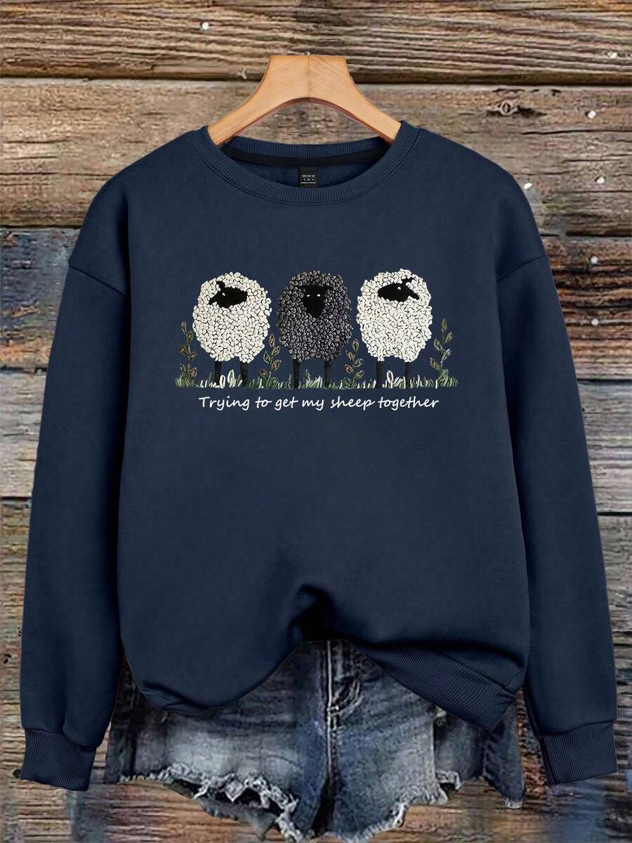 Wrap yourself in comfort with this charming pullover sweatshirt, perfect for those chilly fall and winter days. Featuring an adorable sheep letter graphic print, it brings a playful touch to your casual wardrobe. The soft, cozy fabric keeps you warm while the relaxed fit ensures all-day comfort. Whether you're lounging at home, running errands, or meeting friends, this sweatshirt is your go-to layer for effortless style. A delightful addition to any seasonal collection.