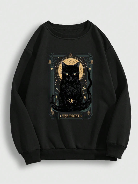 Upgrade your school spirit with our cozy plus size cat print sweatshirt! Made with a soft and comfortable material, this sweatshirt is not only trendy but also perfect for colder weather. Show off your love for cats while staying warm and stylish. Perfect for any school event or everyday wear.