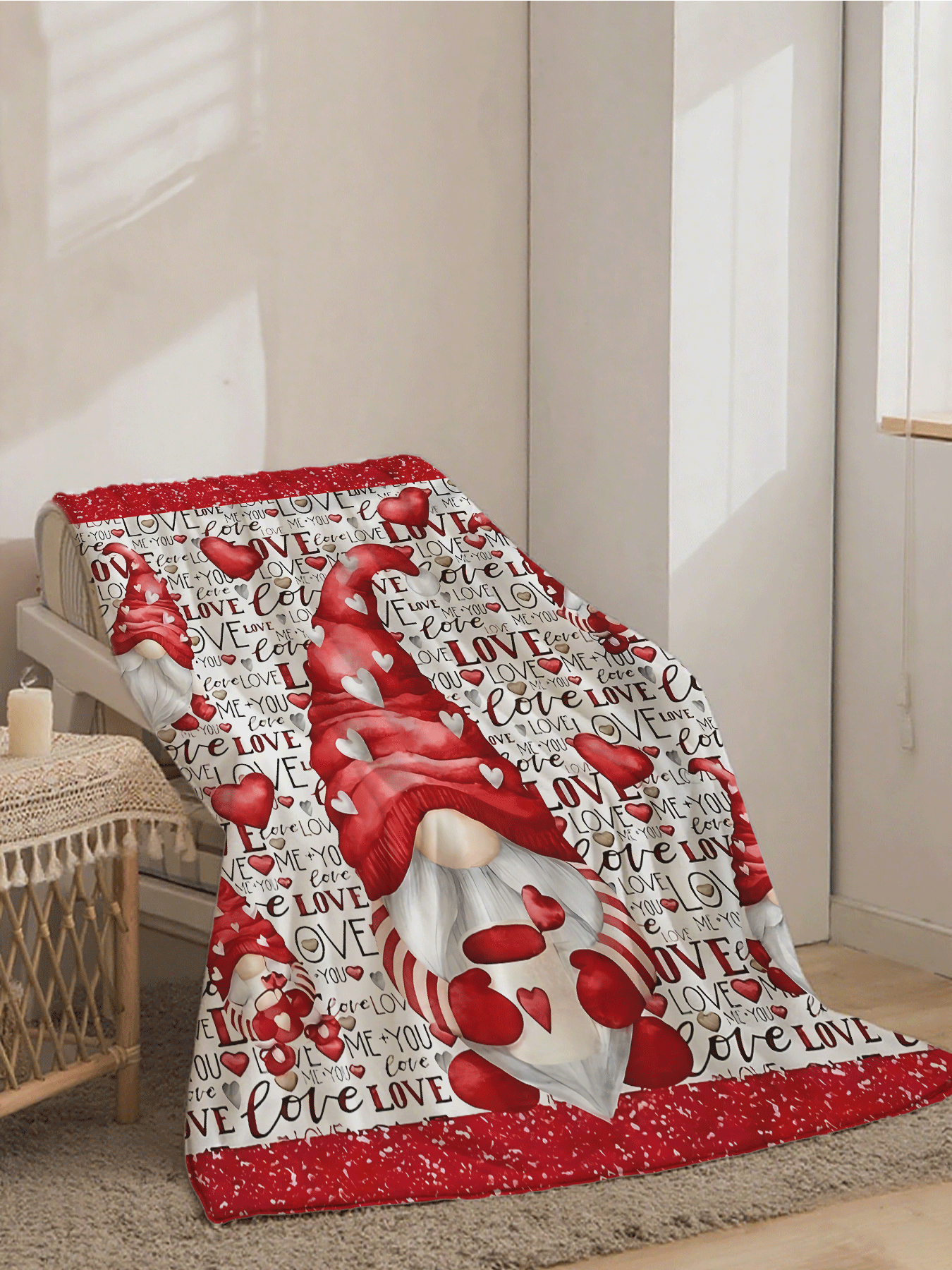 Wrap yourself in love this Valentine’s Day with our gnome-print flannel fleece blanket. Soft and snug, it’s perfect for cuddling up on the sofa or adding a warm touch to your bed. Featuring charming heart patterns alongside adorable gnomes, this throw brings cozy fun and festive cheer to any space.