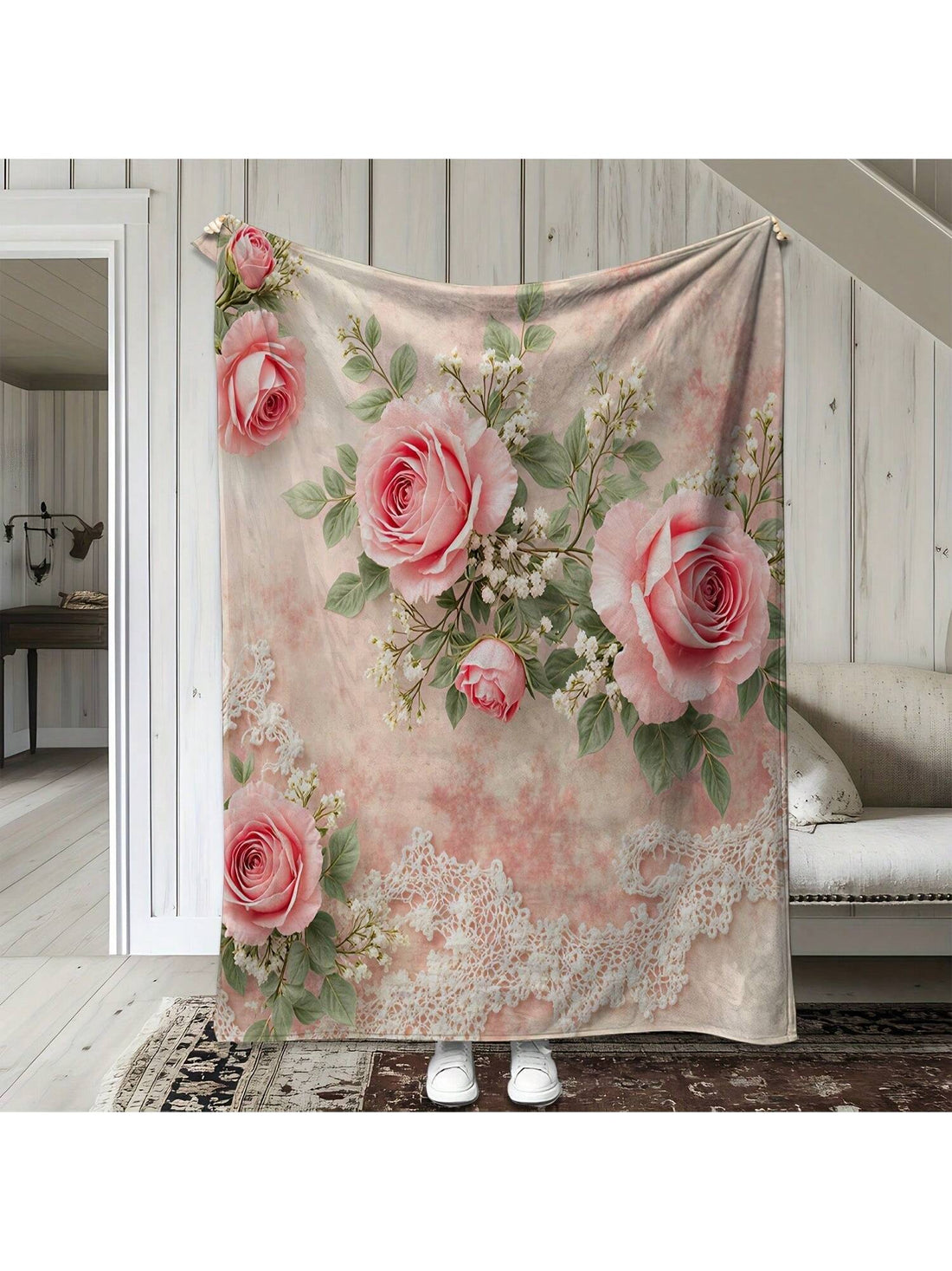 Snuggle into softness with this vintage-inspired flannel blanket, adorned with charming pink roses and delicate lace patterns. Perfect for all seasons, it keeps you warm without overheating, making every cozy moment extra special. Wrap yourself in this playful, floral hug anytime you need a touch of comfort and style.