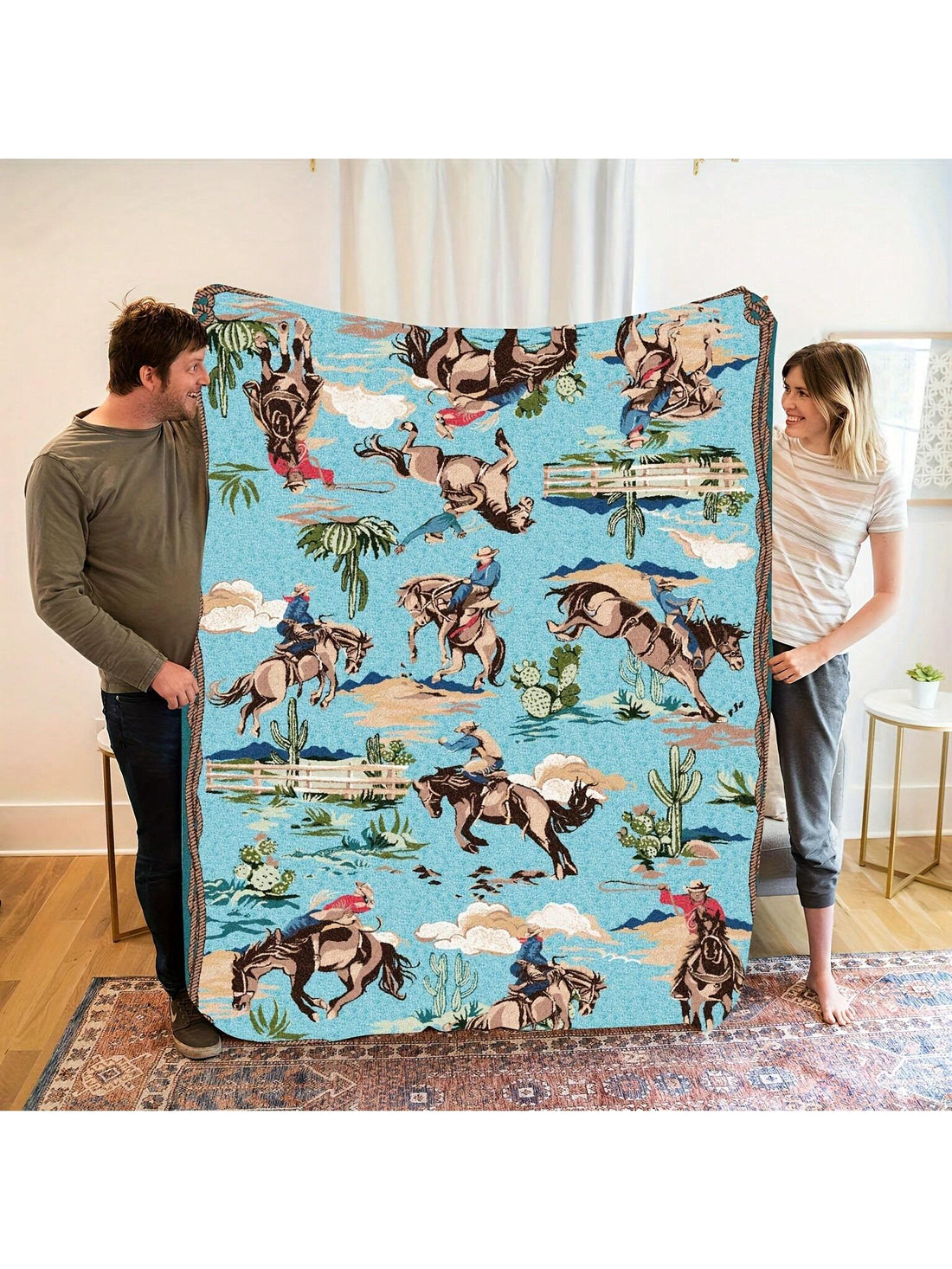 Wrap yourself in the warm charm of the Wild West with this Cozy Vintage Cowboy Throw Blanket. Featuring a playful Western desert design, it brings a touch of rustic adventure to any room. Perfect for snuggling up on chilly nights or as a unique gift for those who love cowboy style and desert vibes. Add a splash of cowboy spirit to your home decor with this comfy, eye-catching blanket!