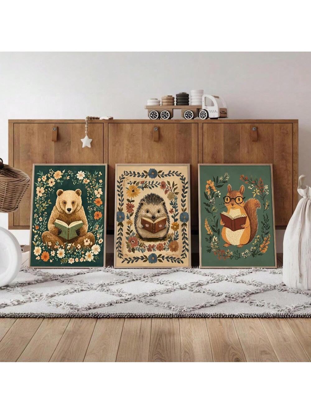 Transform your little one's nursery into a whimsical woodland wonderland with our Cozy Woodland Animal Art Set! These charming unframed canvas prints feature adorable forest creatures snuggled up with their favorite books, perfect for nurturing a love of reading from day one. Designed to spark imagination and bring a touch of nature indoors, these playful prints will grow with your child from nursery to big-kid room!