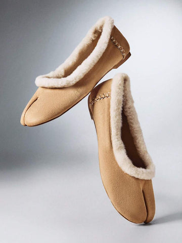 Sand faux-suede split-toe ballet flats with faux-shearling trim