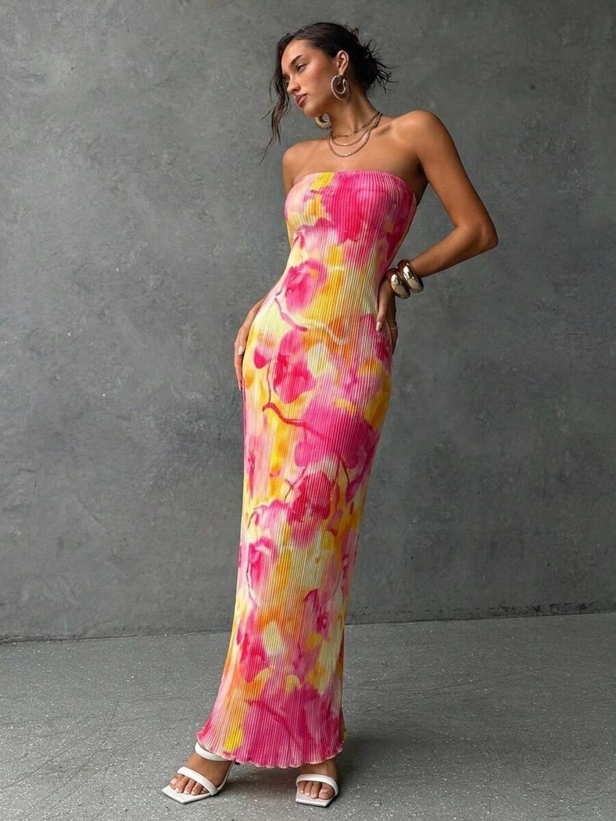Pink yellow floral strapless pleated tie back maxi dress front view