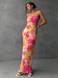 Pink yellow floral strapless pleated tie back maxi dress front view