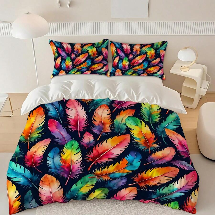 Transform your bedroom with this stunning Creative Ombre Feather Pattern Bedding Set. Featuring a modern digital print with soft ombre gradients and intricate feather designs, this set brings contemporary style to any space. Crafted from 100% polyester, the duvet cover and pillowcases offer exceptional softness and durability. The lightweight, breathable fabric ensures comfort throughout the night while maintaining its vibrant multicolor finish wash after wash. Easy care makes everyday living effortless 