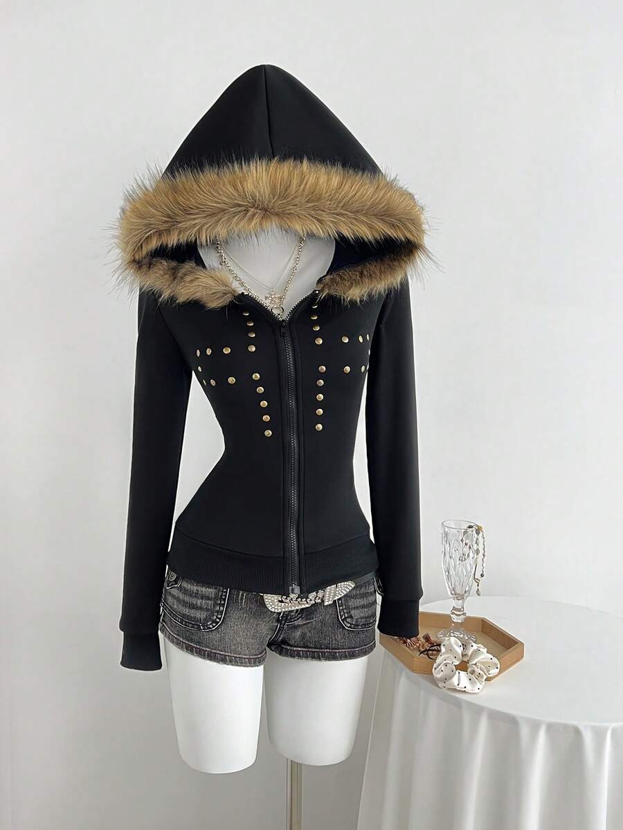Front view of black Y2K gothic zip-up hoodie with faux-fur trimmed hood and gold studs