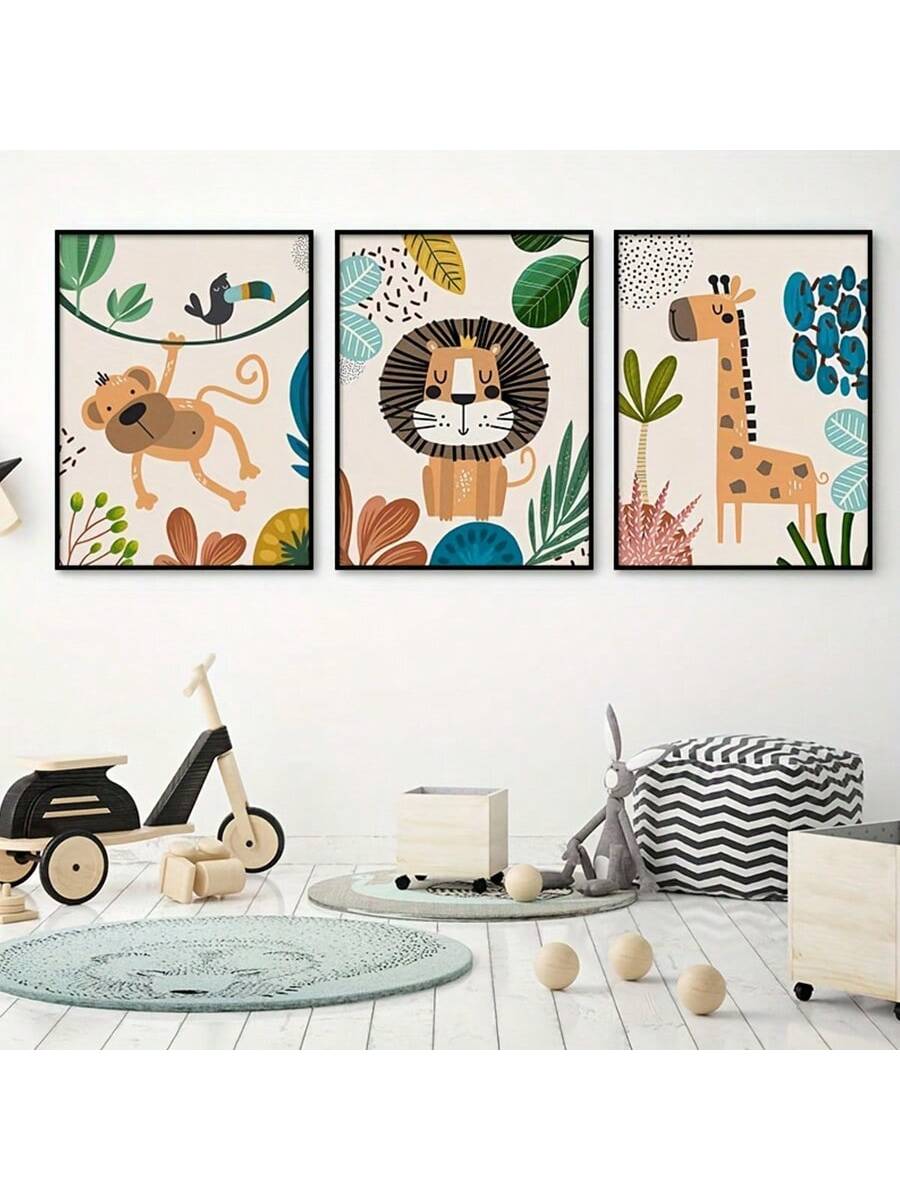 Add a joyful touch to your nursery with this adorable 3-piece wall art set. Featuring playful monkeys, cheerful lions, and gentle giraffes, these frameless canvas prints bring a warm and whimsical vibe to any little one’s room. Easy to hang and perfect for sparking imagination, this set creates a fun and inviting space for your child to grow and explore.
