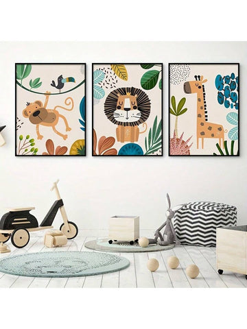 Add a joyful touch to your nursery with this adorable 3-piece wall art set. Featuring playful monkeys, cheerful lions, and gentle giraffes, these frameless canvas prints bring a warm and whimsical vibe to any little one’s room. Easy to hang and perfect for sparking imagination, this set creates a fun and inviting space for your child to grow and explore.