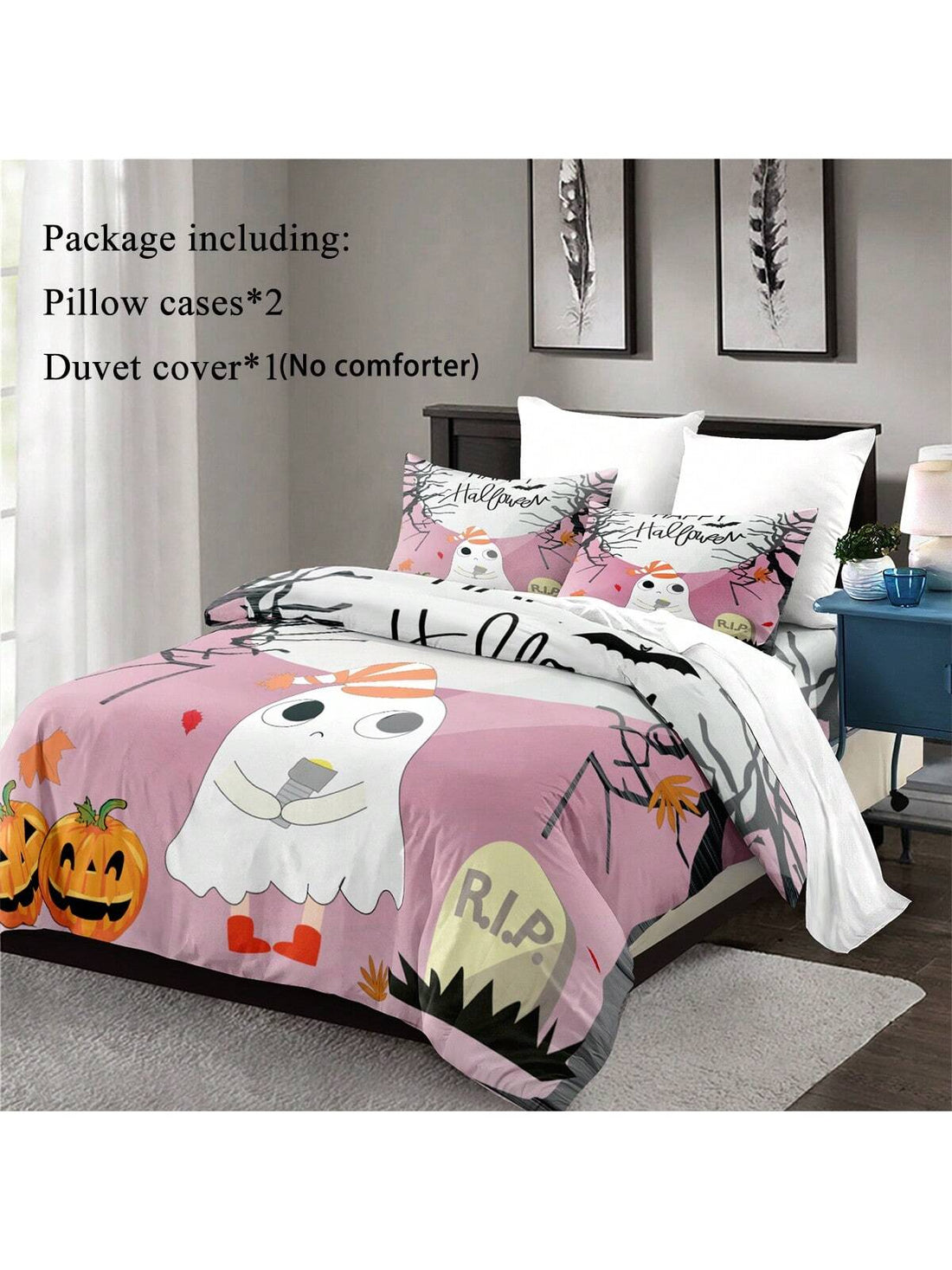 This 3-piece quilt cover set features a charming design of cute baby ghosts, perfect for adding a playful touch to your Halloween decor. Made with soft and durable materials, this set includes a quilt cover and matching pillowcases for a complete and comfortable bedding experience. Spruce up your bedroom for the spooky season with this adorable and high-quality bedding set.