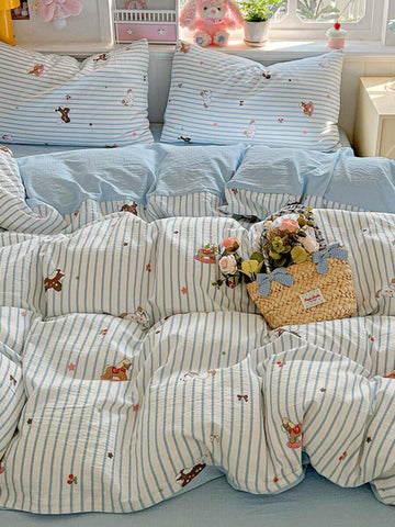 Transform your bedroom into a whimsical wonderland with this charming Cute Cartoon Rabbit Duvet Cover Set. Featuring an adorable fairy tale design in soft baby blue, this 3-piece set includes one duvet cover and two matching pillowcases—perfect for creating a cozy, cohesive look. Crafted from 100% polyester, the set offers exceptional softness and durability for year-round comfort. The lightweight, breathable fabric works beautifully in all seasons