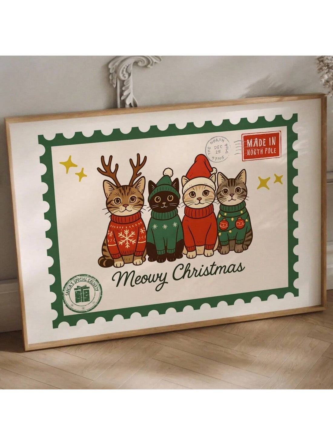 Bring festive cheer to any room with this adorable cat sporting a jolly Santa hat! Perfect for holiday decorating, this charming print captures the whimsical spirit of Christmas with its playful feline friend. Whether you're decking the halls or searching for a thoughtful gift for cat lovers, this cheerful artwork adds warmth and personality to walls, shelves, or gift exchanges. A delightful way to celebrate the season with a smile!