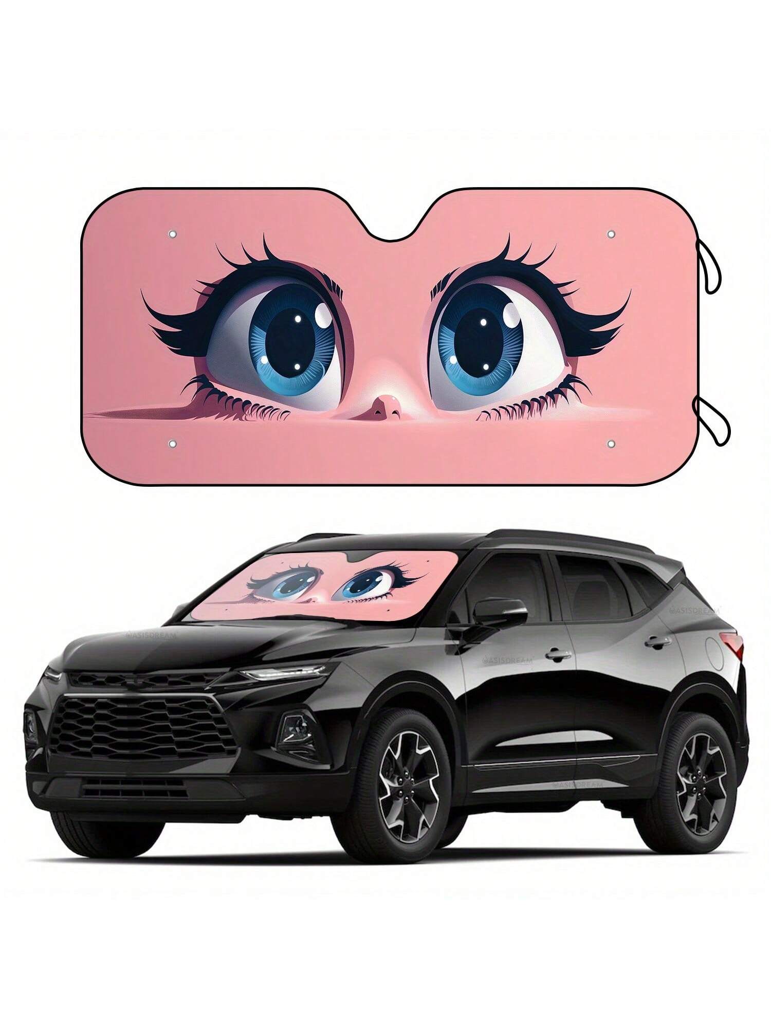 Keep your car cool and stylish with the Cute Eyes Auto Sunshade. Made with high-quality materials, this foldable sunshade not only blocks harmful UV rays, but also adds a touch of cuteness to your vehicle. Plus, with the included suction cups, installation is a breeze. Drive comfortably and confidently with this must-have accessory.