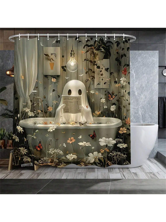 Transform your bathroom into a spooky wonderland with our Cute Ghosts and Newspaper Flowers Shower Curtain! Featuring a playful design of ghosts and flowers from old newspaper clippings, this curtain adds a touch of whimsy to your Halloween decor. 