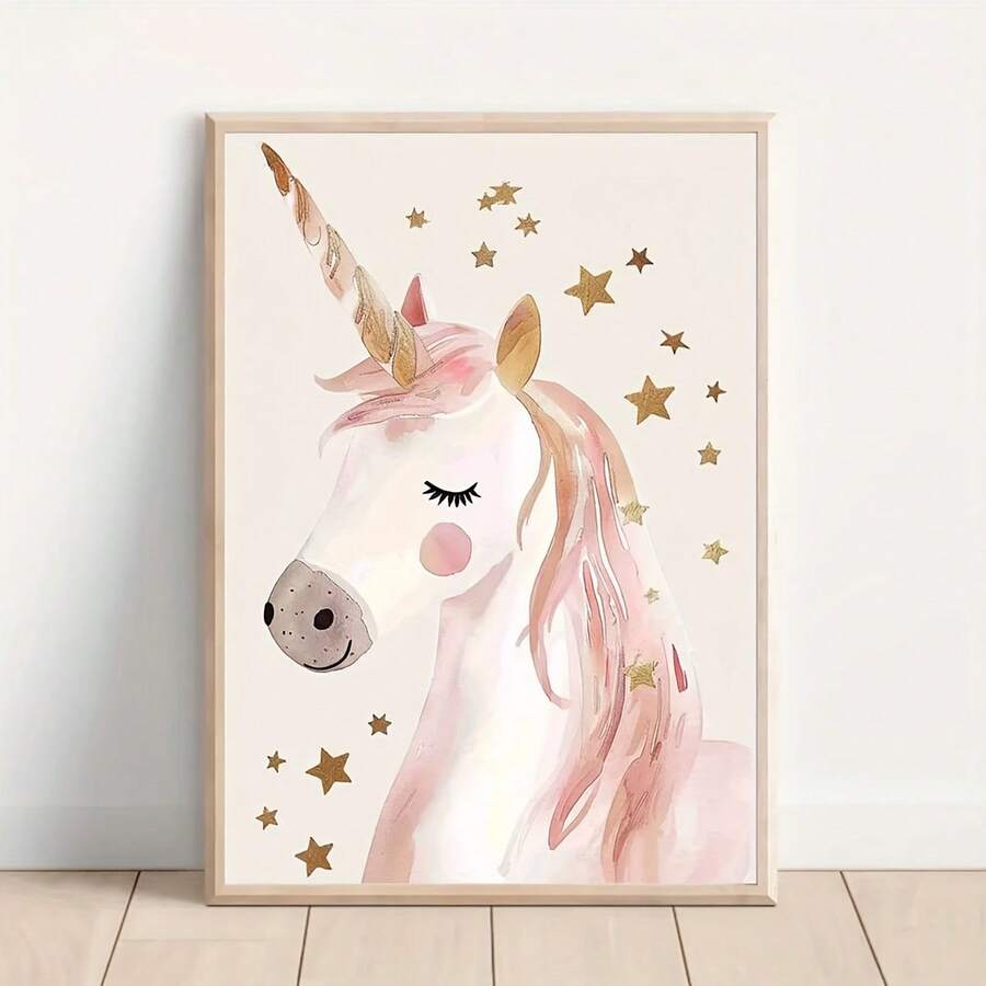 Bring magic to any child's space with this enchanting unicorn canvas wall art. Featuring soft pink and gold watercolor tones, this whimsical design captures the wonder and imagination that makes childhood special. Perfect for nurseries, bedrooms, and playrooms, this cartoon-style poster adds a touch of fantasy and charm to your décor. The gentle, dreamy aesthetic complements both modern and traditional interiors while inspiring creativity and joy. Ideal for boys and girls alike