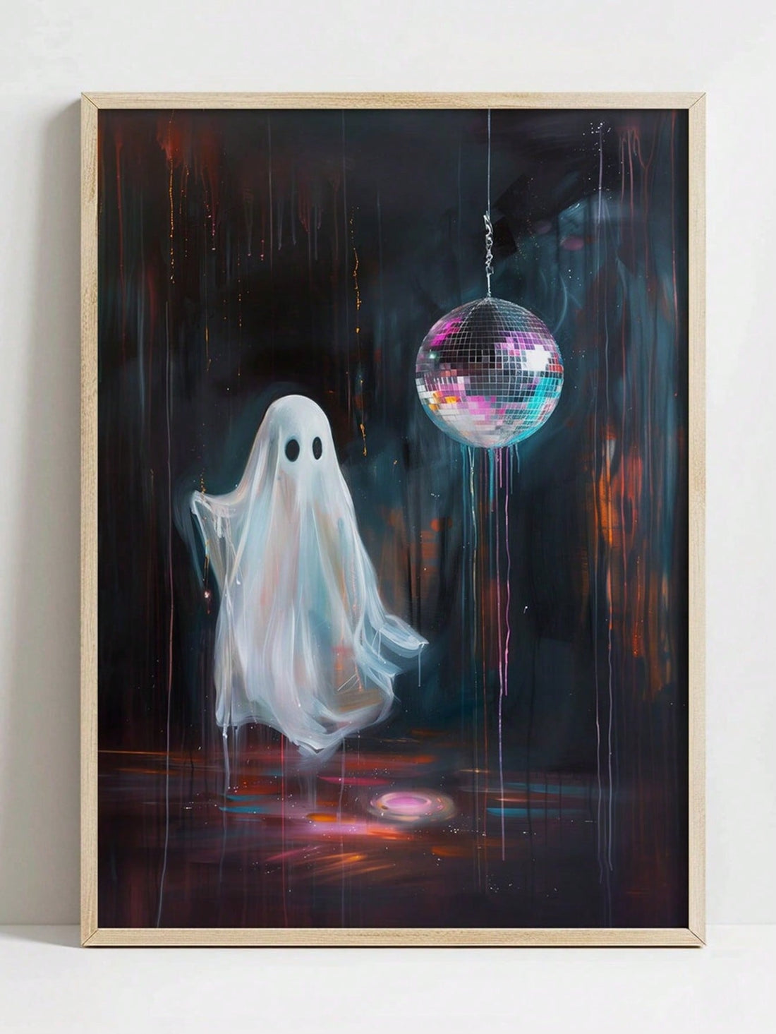 Add a touch of fun to your fall décor with this Cute Preppy Halloween Ghost Canvas Art. Featuring a disco ball design, it brings a playful vibe perfect for homes and dorm rooms. Celebrate the season with a quirky twist that brightens any space with festive charm.