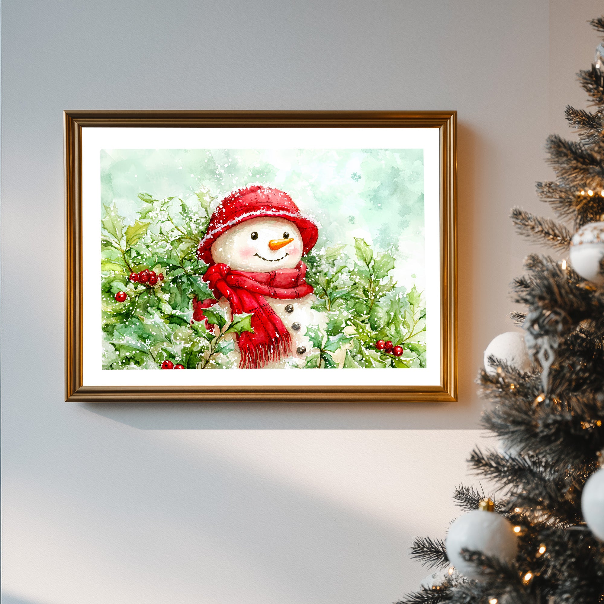 Snowman Christmas Printable Wall Art, Cute Snowman in Red Hat & Scarf, Winter Holly Berries Illustration, Cozy Holiday Decor