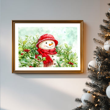 Snowman Christmas Printable Wall Art, Cute Snowman in Red Hat & Scarf, Winter Holly Berries Illustration, Cozy Holiday Decor