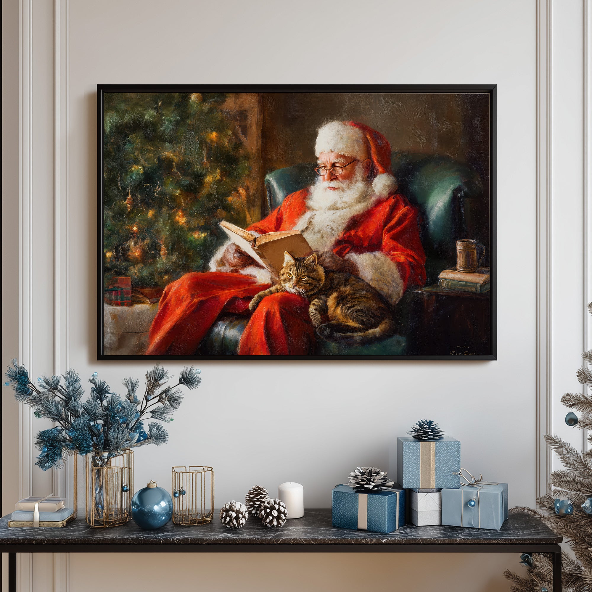 Santa Reading with Cat Printable Wall Art, Cozy Christmas Cat Illustration, Santa by Fireplace Painting, Warm Holiday Decor