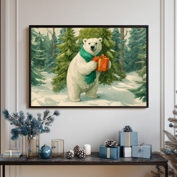 Polar Bear Christmas Printable Wall Art, Cute Winter Bear with Gift Illustration, Holiday Forest Animal Print