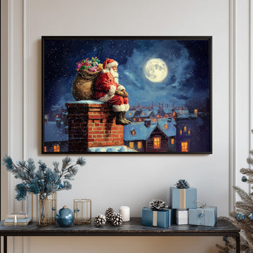 Vintage Santa Claus on Snowy Chimney Under Full Moon, Classic Christmas Night Art, Winter Holiday Scene Print