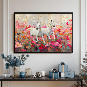 Impasto Oil Painting Of Two White Horses Running Through A Vibrant Pink Flower Field