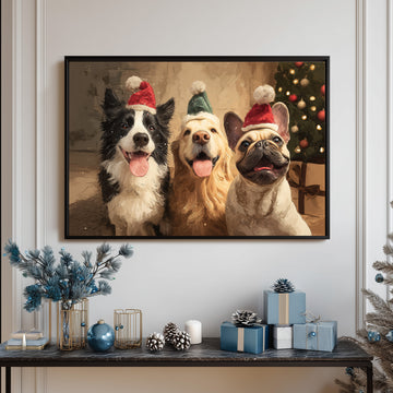 Christmas Dogs Trio Portrait, Cute Holiday Dog Art Print with Santa Hats, Festive Pet Wall Decor for Dog Lovers & Xmas Home Decorating