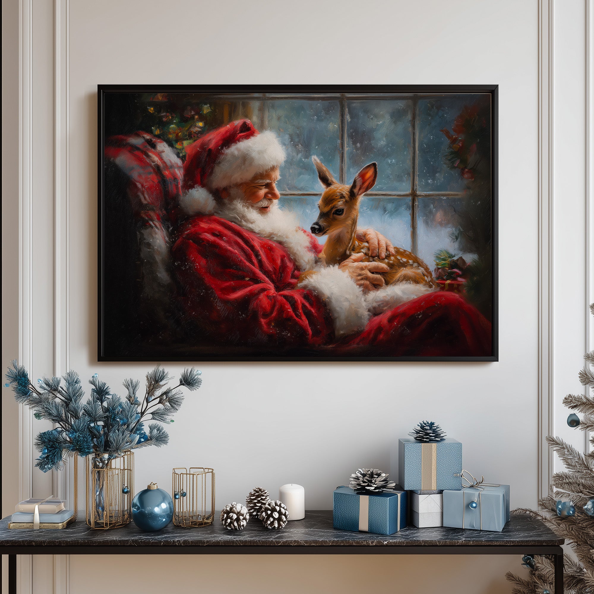 Santa Claus with Baby Deer by the Window, Cozy Christmas Art, Heartwarming Holiday Scene