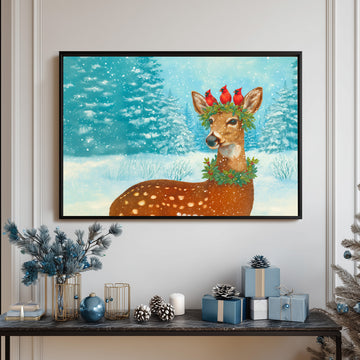 Vintage Christmas Deer Art Print, Winter Fawn with Cardinals, Snowy Forest Wildlife Illustration