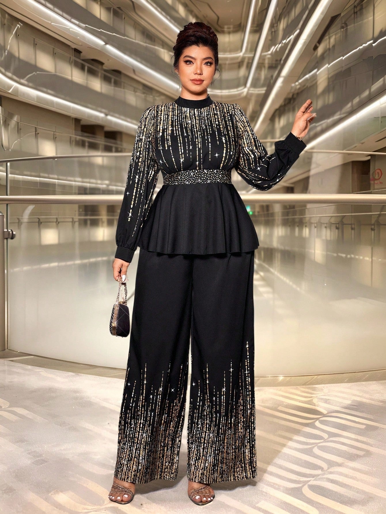 Embrace your power in this stunning two-piece set that's equal parts sultry and show-stopping. The metallic foil detailing catches the light beautifully, giving you that luxe, head-turning shimmer without trying too hard. Designed for curves and crafted for confidence, this set transitions seamlessly from night out to special occasion—because who says you need to choose? The dark, moody palette keeps things sophisticated while the metallic accents add just the right amount of sparkle. Slip into something th